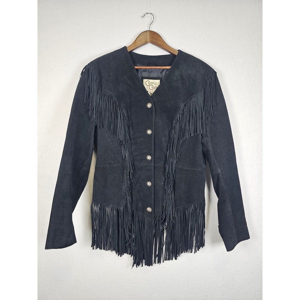Westerncore Cripple Creek Suede Fringe Jacket Women XL Black Concho Button